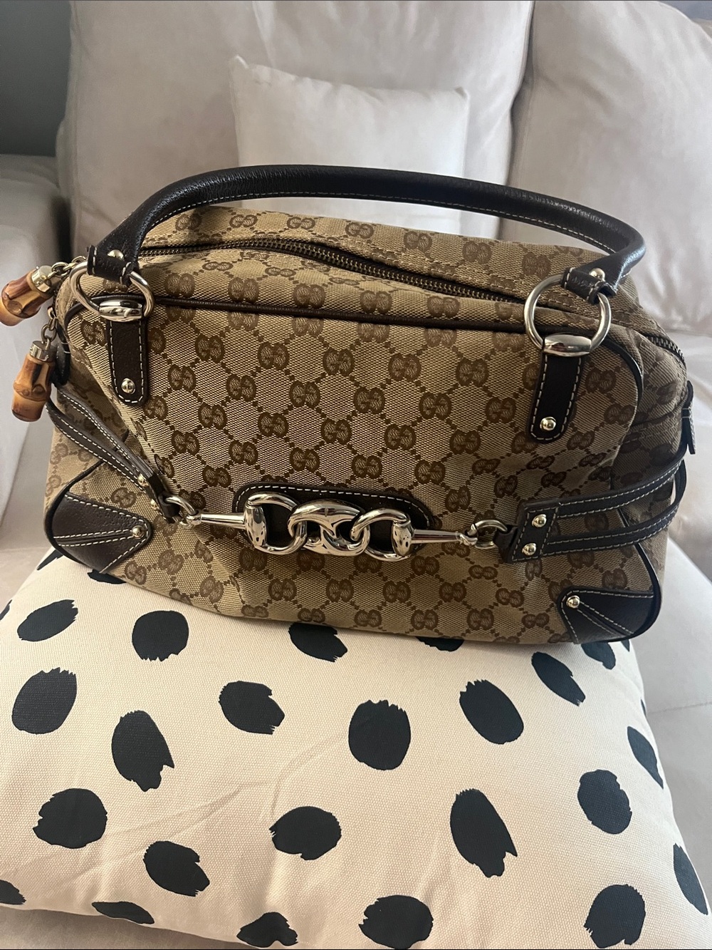 Gucci Beige Brown GG Canvas Horsebit Shoulder Bag
